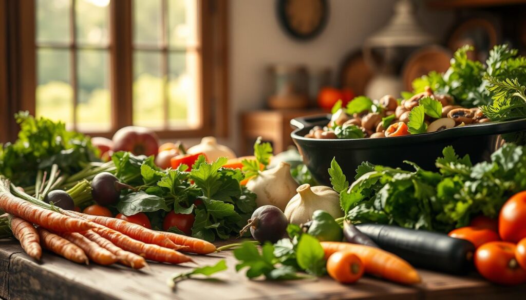 A bountiful still life capturing an array of fresh, vibrant légumes. In the foreground, a collection of seasonal vegetables - crisp carrots, earthy beets, and leafy greens - artfully arranged on a rustic wooden table. The middle ground features a cast iron skillet sizzling with sautéed mushrooms and onions, their aroma wafting through the air. In the background, a large window floods the scene with warm, natural light, casting a soft, golden glow over the entire composition. The overall mood is one of simplicity, nourishment, and the celebration of seasonal, locally-sourced ingredients - the essence of French cuisine.