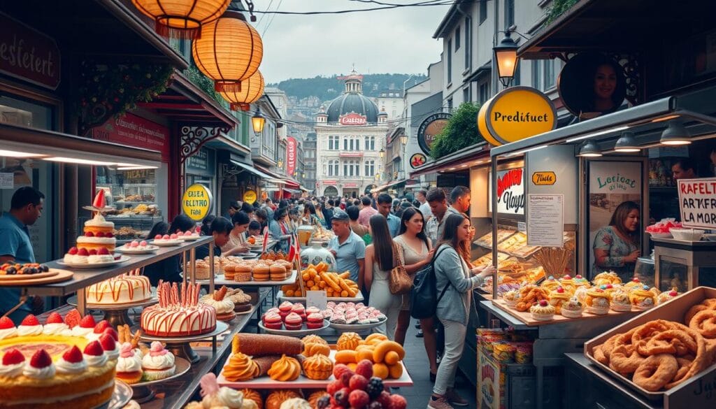 A bustling street scene showcasing an array of mouthwatering desserts and street food. In the foreground, vendors display an assortment of colorful and vibrant confections - from artfully plated cakes and pastries to freshly grilled churros and syrup-drizzled crepes. The middle ground features a lively crowd of people browsing the stalls, their faces lit by the warm glow of overhead lanterns. In the background, a cityscape of quaint buildings and neon signs sets the stage for this culinary adventure. The overall atmosphere is one of festive energy, enticing the senses with the scents of sugar, spice, and indulgence. Soft, diffused lighting casts a dreamlike quality, drawing the viewer into this vibrant, mouthwatering scene.