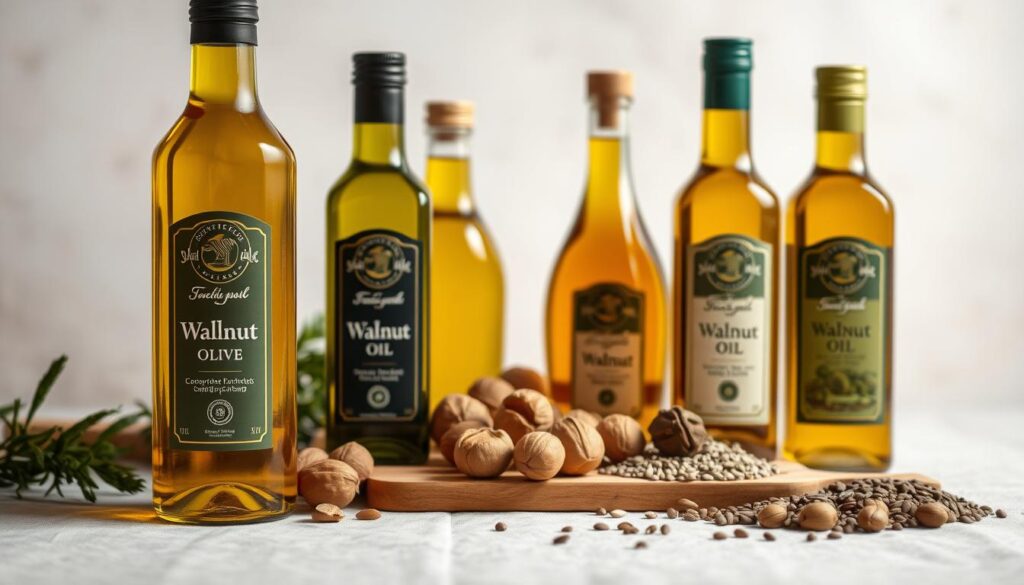 A carefully arranged still life capturing an assortment of high-quality culinary oils. In the foreground, a selection of glass bottles filled with golden extra virgin olive oil, fragrant walnut oil, and rich, nutty sesame oil, their labels prominently displayed. In the middle ground, a wooden cutting board hosts a few whole walnuts, hazelnuts, and sesame seeds, hinting at the provenance of the oils. The background features a soft, neutral-toned backdrop, allowing the vibrant colors and textures of the oils and ingredients to take center stage. The lighting is soft and diffused, creating a warm, inviting atmosphere, highlighting the quality and allure of these essential French cooking staples.