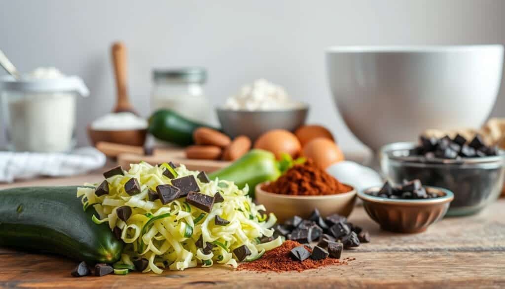 A carefully arranged still life showcasing the key ingredients for a delectable zucchini double chocolate bread. In the foreground, freshly grated zucchini, dark chocolate chunks, and cocoa powder are elegantly displayed on a rustic wooden surface. In the middle ground, a collection of baking essentials including flour, sugar, eggs, and a mixing bowl create a sense of culinary preparation. The background features a clean, minimalist setting with soft, natural lighting illuminating the scene, evoking a homey, inviting atmosphere perfect for the creation of this irresistible baked treat.