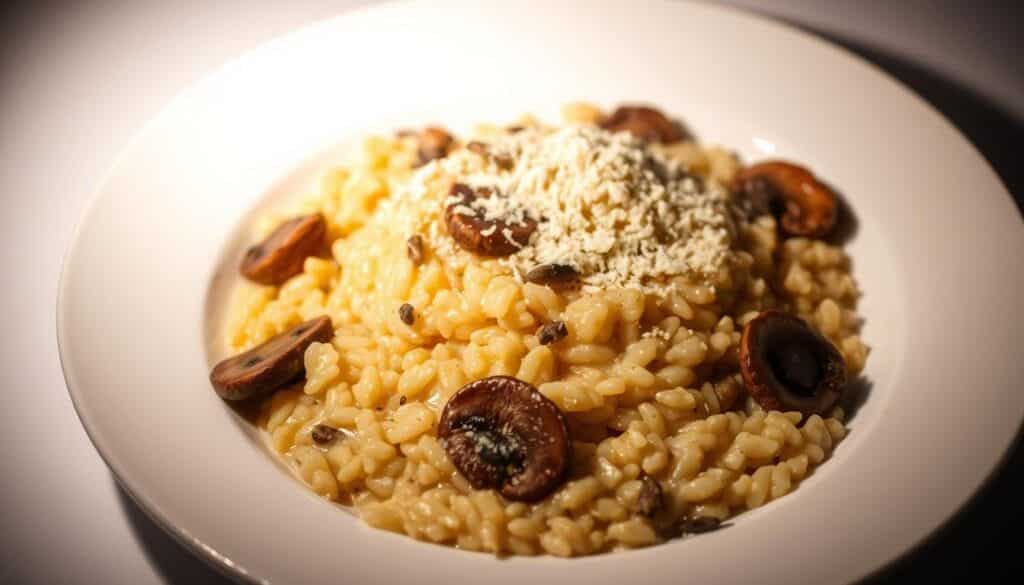 A delectable mushroom risotto, simmered to perfection, nestled on a pristine white plate. Fragrant garlic, onions, and earthy mushrooms mingle in a creamy Arborio rice base, infused with a splash of white wine. Grated Parmesan cheese dusts the top, lending a savory umami note. Soft lighting casts a warm glow, highlighting the dish's comforting textures and inviting aromas. The risotto is framed by a minimalist background, allowing the dish to take center stage and inspire a sense of homemade, vegetal-centric dining.