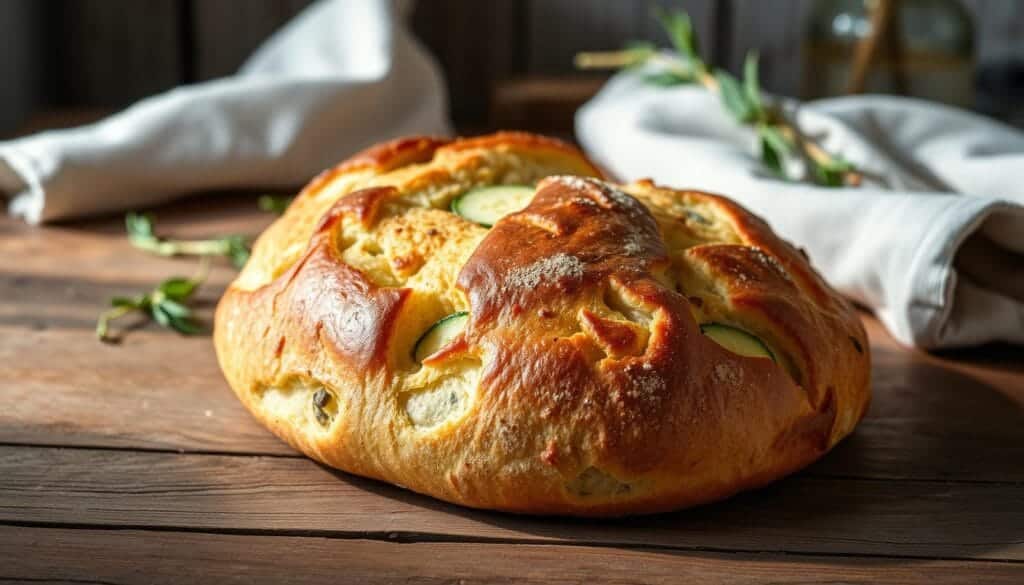 A freshly baked pain aux courgettes on a rustic wooden table, with a warm golden crust and flecks of vibrant green zucchini peeking through. The loaf is bathed in soft, diffused natural light, casting gentle shadows that accentuate its artisanal texture. In the background, a simple linen cloth and a few scattered herbs evoke the homemade charm of a traditional French bakery. The overall scene exudes a sense of comforting, homely authenticity, capturing the essence of the pain aux courgettes and its enduring appeal.