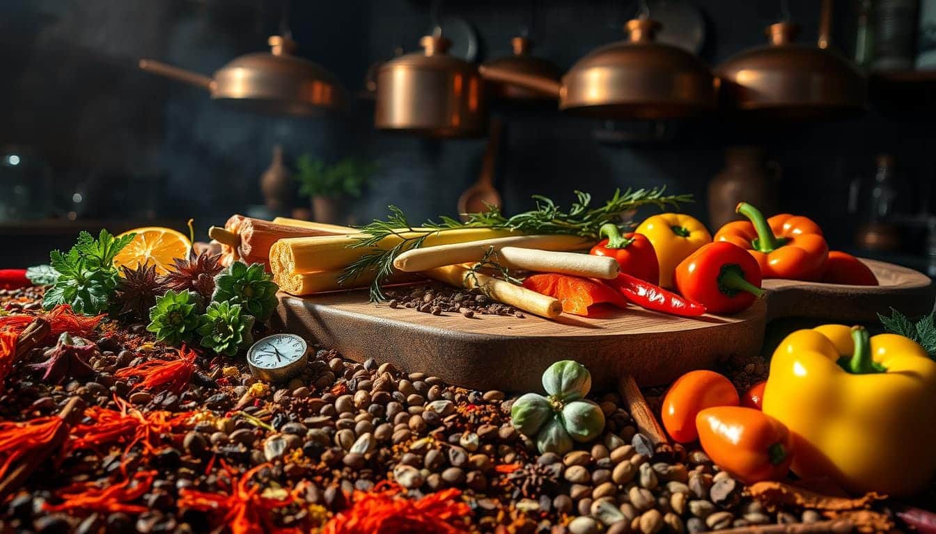 A lavish culinary fusion tableau, showcasing an array of spices, herbs, and exotic ingredients artfully arranged. In the foreground, a mosaic of vivid colors and textures - saffron threads, peppercorns, cinnamon sticks, and aromatic cardamom pods. In the middle ground, a wooden cutting board hosts a harmonious blend of seasonal produce, from fragrant lemongrass to vibrant bell peppers. The background features a dimly lit, atmospheric kitchen setting, with copper pots and pans hanging overhead, casting a warm, inviting glow. Dramatic chiaroscuro lighting accentuates the depth and dimensionality of the scene, evoking a sense of culinary artistry and international flair. The overall composition exudes a captivating, sensory-rich ambiance, inviting the viewer to embark on a culinary journey of fusion and discovery.