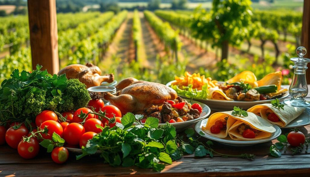 A sumptuous French feast set against a rustic, sun-drenched backdrop. In the foreground, an array of fresh, vibrant ingredients - crisp greens, ripe tomatoes, fragrant herbs - artfully arranged on a wooden table. The middle ground showcases expertly prepared dishes: a golden-brown roasted chicken, a hearty beef stew, and delicate crepes filled with seasonal fruit. In the background, a sprawling vineyard frames the scene, hinting at the balance of flavors and the joyful, unhurried pace of a traditional French meal. Soft, natural lighting bathes the entire composition, creating a warm, inviting atmosphere. The overall impression is one of effortless elegance, where every element contributes to a harmonious, nourishing dining experience.