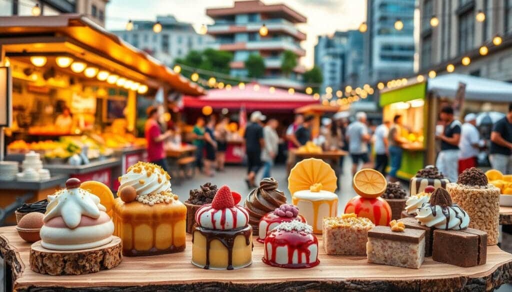 A vibrant assortment of innovative desserts presented in a dynamic street food setting. In the foreground, a variety of artfully crafted sweets, from molecular gastronomy-inspired confections to unique flavor combinations, are displayed on rustic wooden carts and stalls. The middle ground features a bustling outdoor market, with vendors and patrons interacting amidst a lively, festive atmosphere. In the background, a backdrop of modern, urban architecture provides a contrast to the old-world charm of the street food scene. Warm lighting casts a golden glow, accentuating the textures and colors of the innovative desserts. The overall composition evokes a sense of culinary adventure and a celebration of the global street food movement.