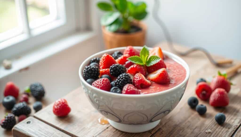A vibrant red fruit smoothie bowl sits atop a rustic wooden table, bathed in soft natural light filtering through a nearby window. The bowl is filled to the brim with a creamy blend of ripe raspberries, juicy strawberries, and tart blackberries, their colors popping against the pale ceramic surface. Garnished with a scattering of fresh berries, a sprig of mint, and a drizzle of honey, the smoothie bowl exudes a sense of nourishment and vitality, perfectly capturing the essence of a healthy, plant-based breakfast. The overall scene conveys a calming, wholesome atmosphere, inviting the viewer to savor the vibrant, nutrient-dense start to the day.