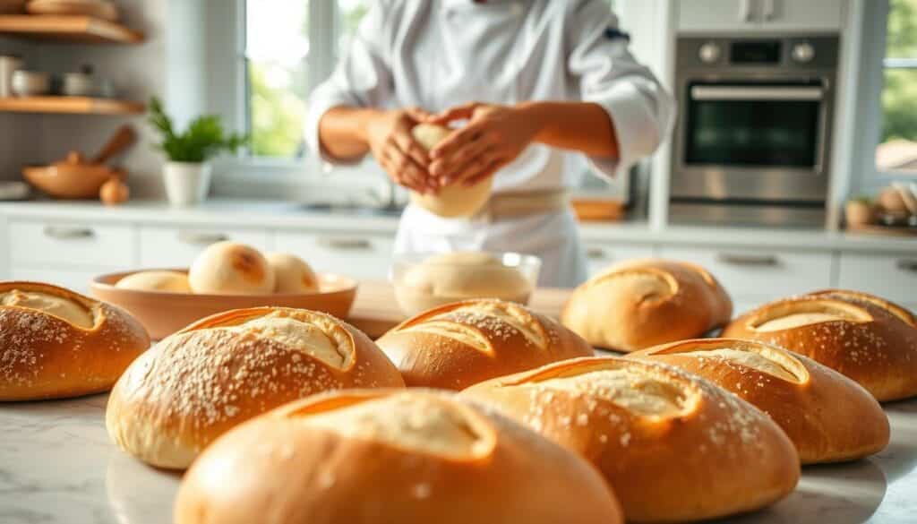 A well-lit kitchen counter, an assortment of fresh bread loaves and baked goods in the foreground, showcasing their soft, fluffy texture. In the middle ground, a chef's hands carefully demonstrating kneading techniques, mixing ingredients, and shaping the dough. The background features a clean, modern kitchen setting with high-end appliances, natural lighting filtering in through large windows, creating a warm, inviting atmosphere. The scene conveys a sense of culinary expertise, attention to detail, and the creation of delectable, homemade breads.
