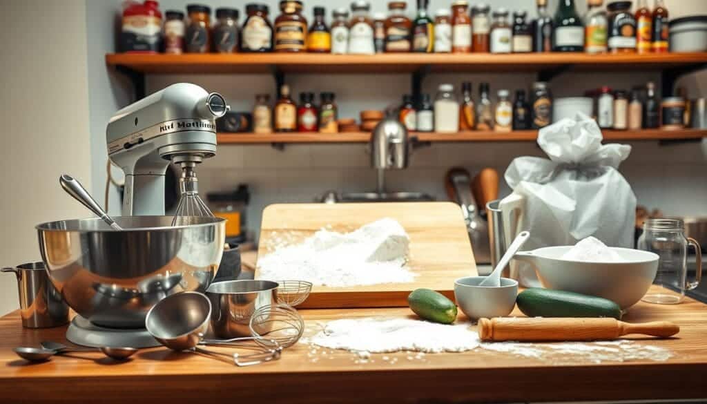 A well-lit kitchen countertop with a variety of baking tools and equipment neatly arranged. In the foreground, a large mixing bowl, whisk, and spatula sit alongside measuring cups and spoons. In the middle ground, a sturdy stand mixer, rolling pin, and flour-dusted cutting board take center stage. In the background, shelves hold an assortment of spices, oils, and other cooking essentials. The lighting is warm and inviting, highlighting the high-quality, professional-grade nature of the equipment. The overall scene conveys a sense of culinary preparedness and confidence, ready to tackle the creation of a delectable zucchini chocolate bread.