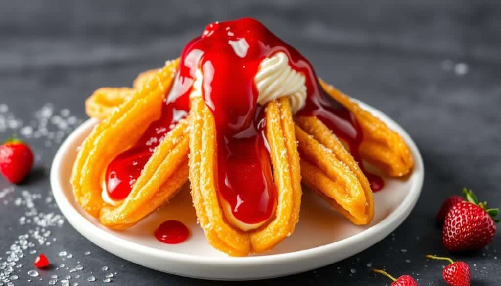 Générer une image de churros espagnols revisités avec de la crème pâtissière et un coulis de fruits rouges